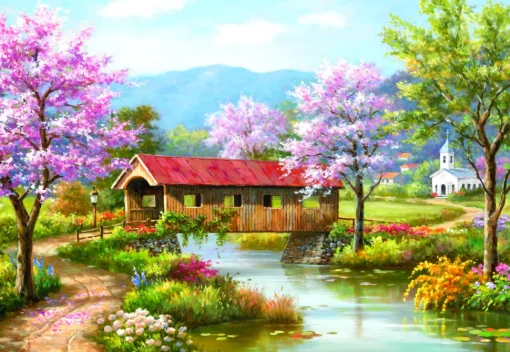 Sunsout - 36604 - Covered Bridge in Spring (Sung Kim) - 300 Piece